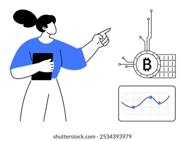 Woman holding tablet points to Bitcoin symbol with, connections and a chart showing data trends
