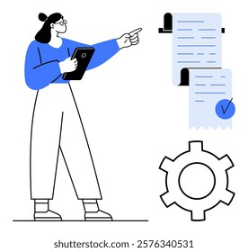 A woman holding a tablet points at a checklist and gear icon. Ideal for business presentations, project management, workflow optimization, productivity, and teamwork efficiency. Simple modern style