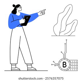 Woman holding a tablet points towards a Bitcoin symbol and an abstract plant. Ideal for finance, technology, digital currency, modern business, educational materials. Minimalistic vector style