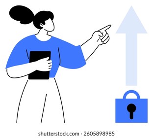 A woman holding a tablet points upwards towards a large arrow. A lock icon is displayed below the arrow, representing security or privacy. Ideal for technology, security, privacy, data protection