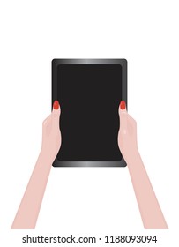 Woman is holding a tablet. Vector illustration