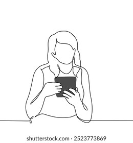 mulher segurando tablet verticalmente com ambas as mãos - imagem vetorial de linha única. conceito de mulher usando tablet ou dispositivo com tela grande. Vetor artesanal não AI