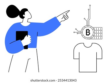 Woman holding a tablet while pointing at a Bitcoin symbol with a T-shirt graphic nearby. Ideal for cryptocurrency, technology, digital currency, online shopping, and fintech themes. Simple vector