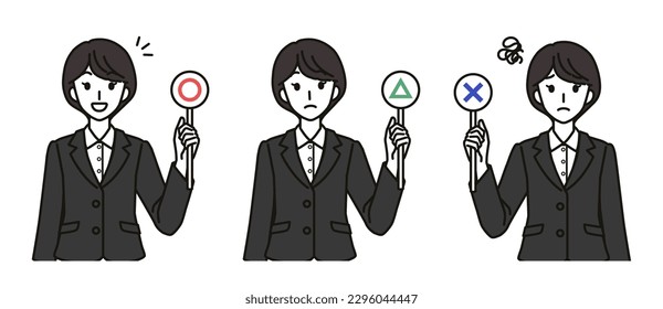Woman holding tags such as correct, incorrect