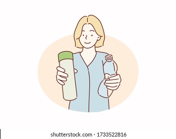 Woman holding takeaway coffee cup in both hands, one is a single use plastic bottle with plastic lid the other one is a reusable  tumbler. Hand drawn style vector design illustrations.