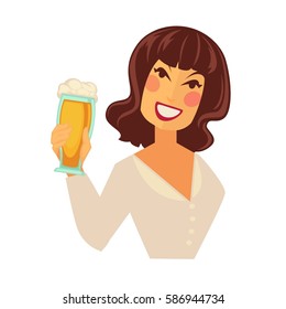 Woman holding tall glass of beer with foam isolated on white background. Smiling character in blouse vector illustration in flat style. Light refreshing alcoholic drink in cheering ladies hand