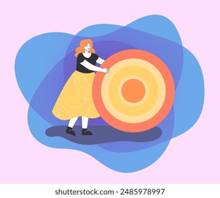 Woman holding target vestor illustration. Female cartoon characer reaching his goal. Business goal, success, achievement concept