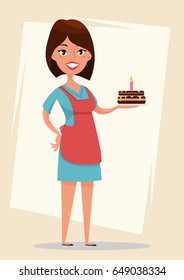 Woman holding tasty cake with burning candle for birthday. Cute cartoon woman character. Funny girl stock vector