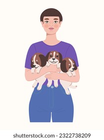 woman holding three little dogs.  Vector design illustrations.