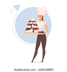 Woman holding tiered cake flat color vector illustration. Female baker in chef hat. Girl with confectionery product. Confections concept. Isolated cartoon character on white background