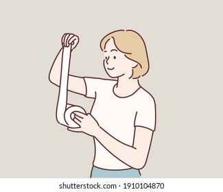 woman holding toilet paper roll. Hand drawn style vector design illustrations.