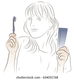 A woman is holding a toothbrush and toothpaste in her hands. Illustration on a theme of hygiene of an oral cavity