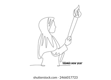Woman holding torch. Islamic new year concept one-line drawing