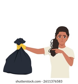 Woman Holding Trash Bag. Woman holds a black garbage bag while pointing at it. Flat Vector character illustration