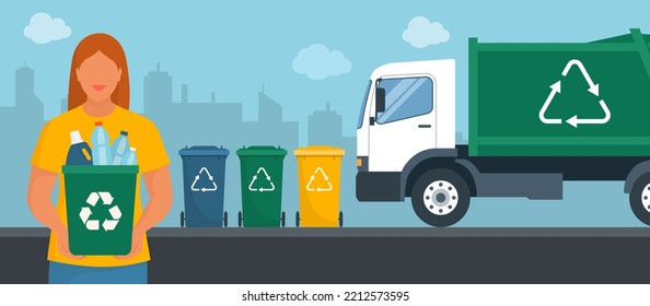 Woman holding a trash can with plastic bottles inside, trash bins and garbage truck collecting waste: separate waste collection and recycling concept