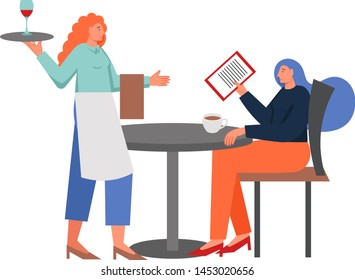 Woman holding tray with wine glass while serving young lady sitting at table, vector flat illustration isolated on white background. Restaurant waitress concept for web banner, website page etc.