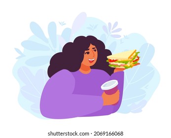 A Woman Holding A Triangle Blt Club Sandwich And Coffee. A Girl Eats Fast Food. A Vector Cartoon Illustration.