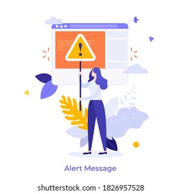 Woman holding triangular warning sign with exclamation mark. Concept of fatal error, operating system failure, program crash, critical alert message.Modern flat colorful vector illustration for banner