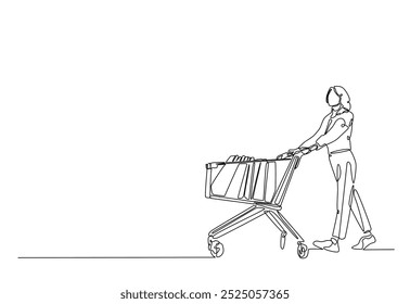 Woman holding trolley shopping cart in continuous one line drawing. Single line art illustration of shopping time . Editable vector.