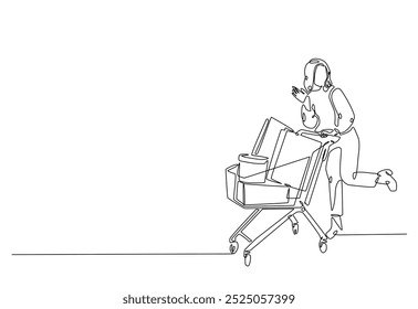 Woman holding trolley shopping cart in continuous one line drawing. Single line art illustration of shopping time . Editable vector.
