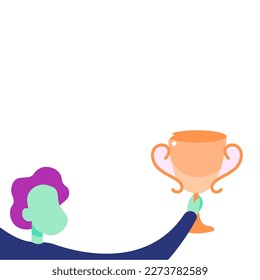 Woman Holding Trophy Celebrating Performance On Blank Background. Happy Person Carrying Winner Cup Achieving Victory Under Large Confetti Spilling Medal