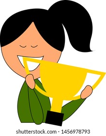 Woman holding trophy, illustration, vector on white background.