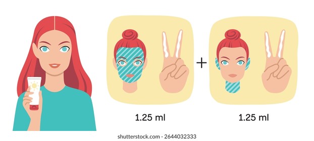 Woman holding tube of sunscreen. Instruction shows necessary amount of sunblock. Two-finger lengths application rule. Summertime skincare. UV rays protection guide. Cartoon flat vector illustration.