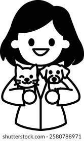 A woman is holding two dogs and a cat. She is smiling and she is happy. Concept of warmth and joy, as the woman is surrounded by her pets