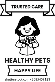 A woman holding two dogs and a cat in the style of sign illustrations