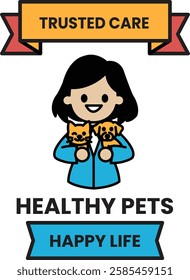 A woman holding two dogs and a cat in the style of sign illustrations