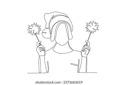 A woman holding two fireworks. New years eve one-line drawing