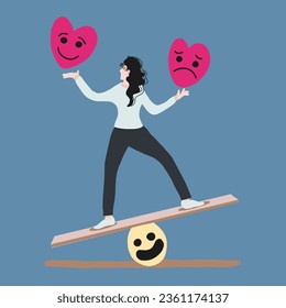 Woman holding two hearts, a sad face and a smiling face.