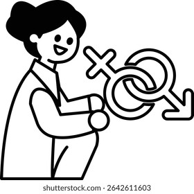 A woman is holding two male symbols in her hands. The image conveys a message about the importance of gender equality and the need to treat everyone with respect and dignity