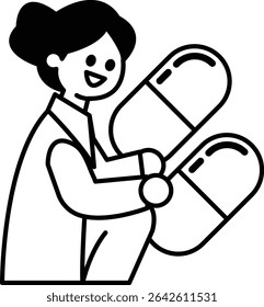 A woman is holding two pills in her hand. She is smiling and she is happy. Concept of positivity and good health