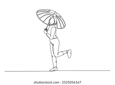 Woman holding umbrella in continuous one line drawing. Single line art illustration of young lady holds umbrella. Editable vector.