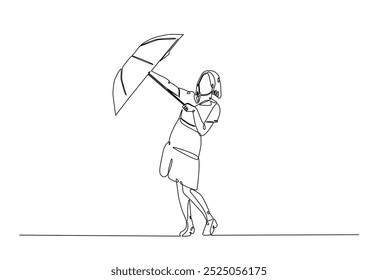 Woman holding umbrella in continuous one line drawing. Single line art illustration of young lady holds umbrella. Editable vector.