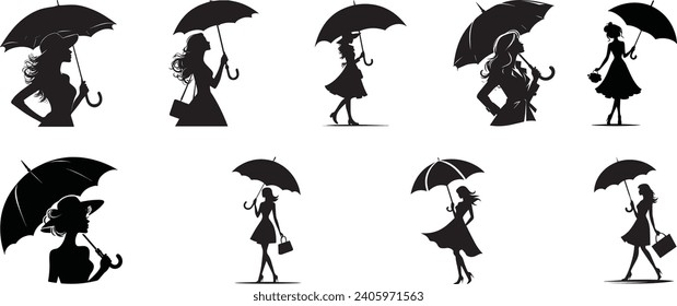 WOMAN HOLDING UMBRELLA DIFFERENT POSE SILHOUETTE VECTOR ILLUSTRATION.