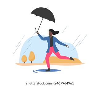 Woman holding umbrella, happy girl walking on puddles in autumn rain vector illustration