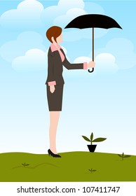 woman holding the umbrella and keeping the growth - go green - save the earth