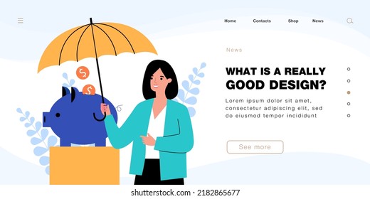 Woman holding umbrella over piggy bank with coins. Financial protection of money savings by business person flat vector illustration. Insurance concept for banner, website design or landing web page
