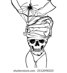 A woman is holding an umbrella over a skull. The skull is on top of the woman's head