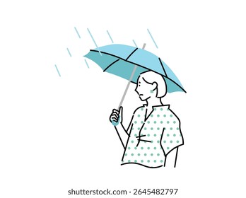 Mulher segurando um guarda-chuva na chuva durante a estação chuvosa - rosto problemático - melancolia - ilustração vetorial