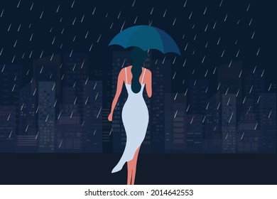 Woman holding umbrella in raining dark night. Raining, autumn, loneliness, depression concept background