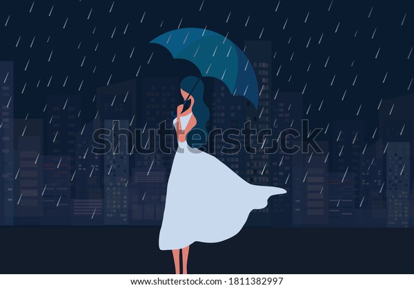 暗い夜雨の中傘を持つ女性 雨 秋 孤独 うつ病のコンセプト背景 のベクター画像素材 ロイヤリティフリー