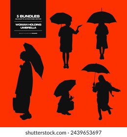 Woman Holding Umbrella Silhouette Action Pose Vector