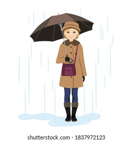 Woman holding umbrella under the rain. Vector illustration