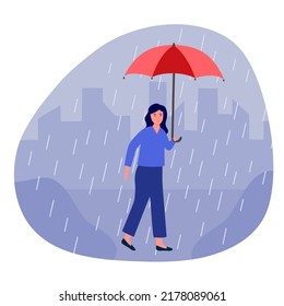 Woman holding umbrella walking under rain in flat design. Rainy season. Bad weather.