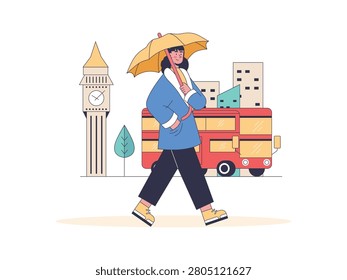 A woman holding an umbrella while walking in front of the Big Ben tower with city life. Character design. Vector flat illustration
