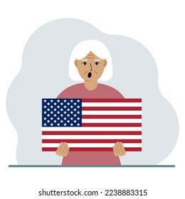 A woman is holding a US flag. The concept of demonstration, national holiday, independence day or patriotism. Nationality. Vector flat illustration