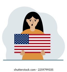 A woman is holding a US flag. The concept of demonstration, national holiday, independence day or patriotism. Nationality. Vector flat illustration